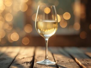 calice di vino bianco su tavolino